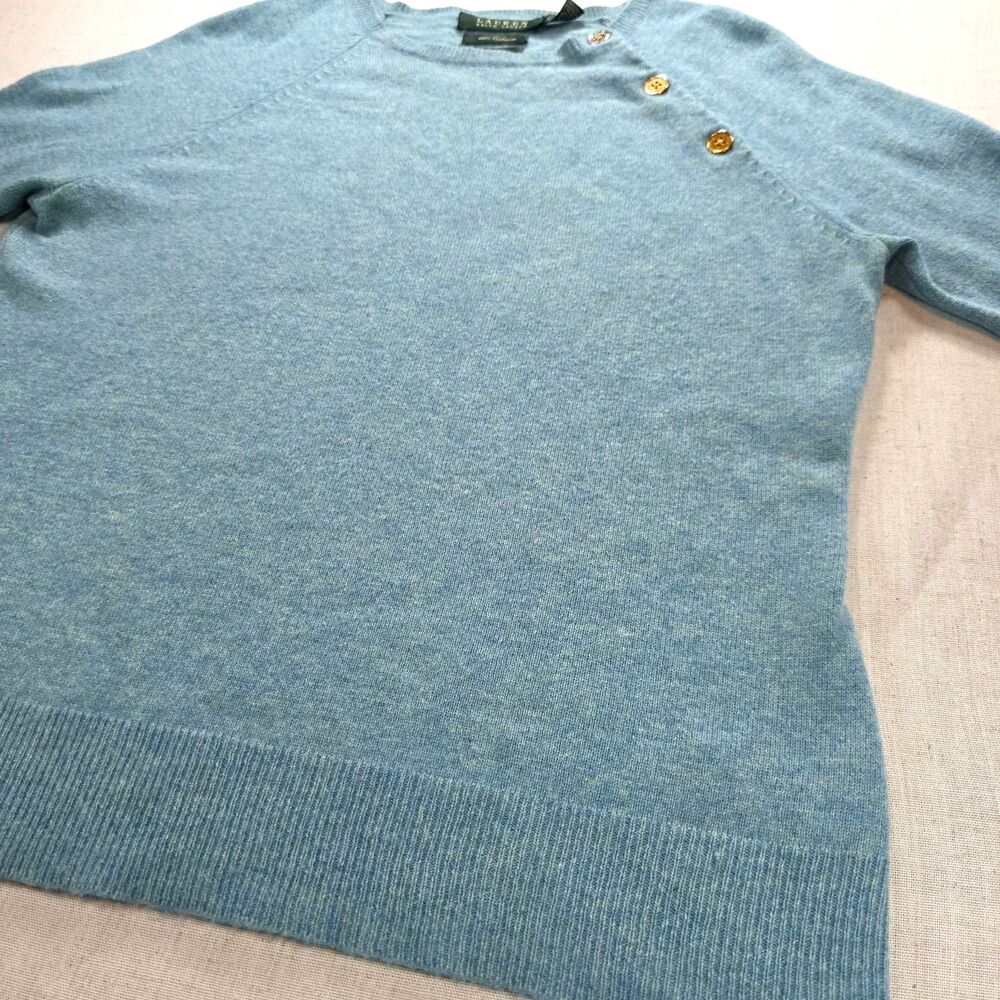 Lauren Ralph Lauren 100% Cashmere Sweater Blue Button Shoulder Women's Large - Picture 7 of 9